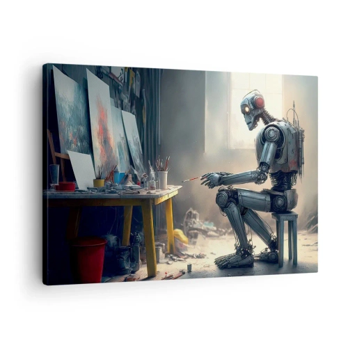 Schilderen op canvas - Een robot die een schilderij maakt in een kunststudio - 70x50cm - De scheppingsdaad - Moderne wanddecoratie voor woonkamer en slaapkamer ARTTOR
