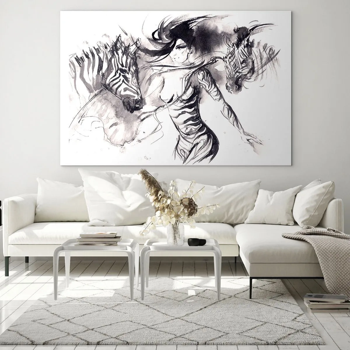 Schilderen op glas - Zwart-witcompositie met een vrouw en een zebra in een artistieke stijl - 70x50cm - Dansend met de zebra's - Moderne wanddecoratie voor woonkamer en slaapkamer ARTTOR