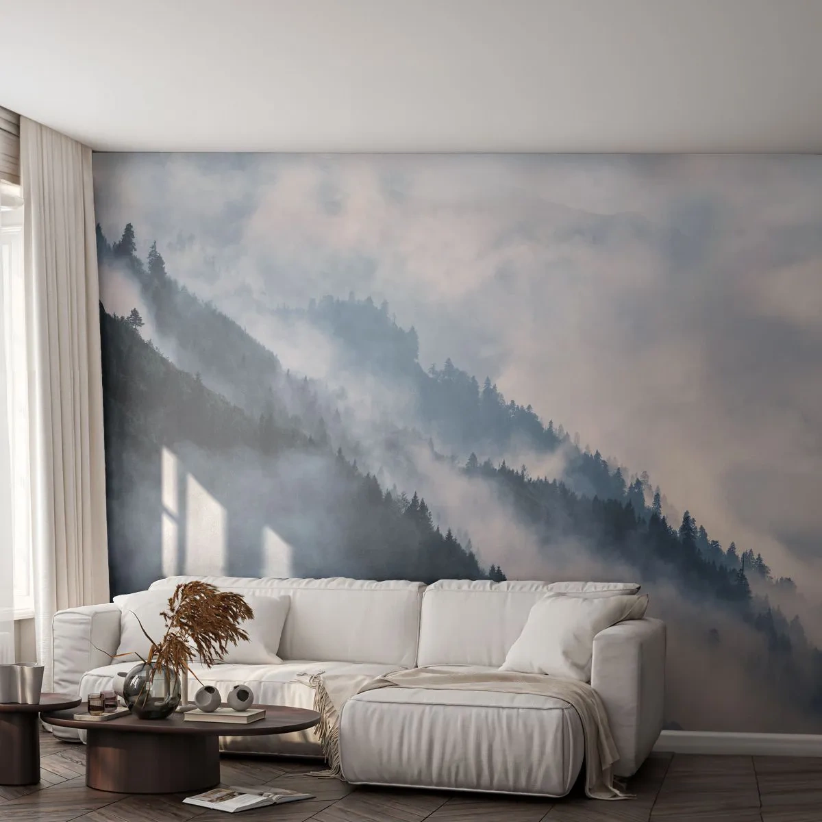 Zelfklevend Fotobehang Deluxe Sticker - Mystiek van de bergen - Landschap, Bergen, Woud - 350x256 cm