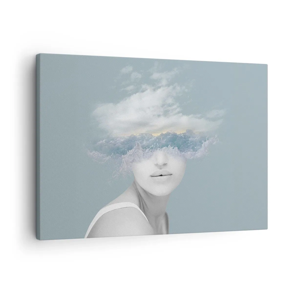 Schilderen op canvas - Portret van een vrouw met haar gezicht verborgen achter wolken en golven - 70x50cm - Met hoofd in de wolken - Moderne wanddecoratie voor woonkamer en slaapkamer ARTTOR