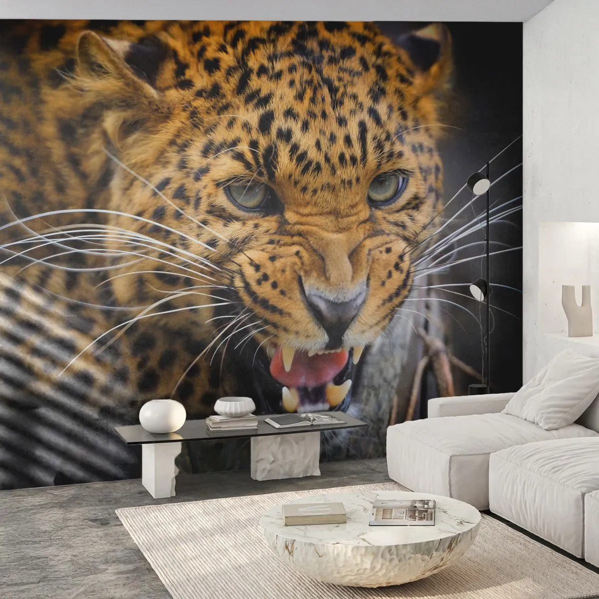 Zelfklevend Fotobehang Deluxe Sticker - Blijf achter, ik waarschuw je! - Dieren, luipaard, Wilde kat - 250x175 cm