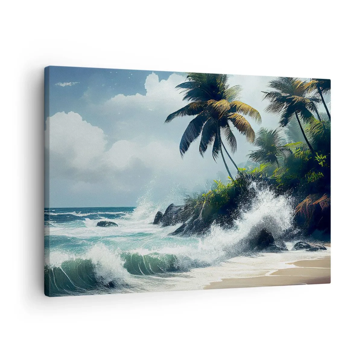Schilderen op canvas - Tropische kust met palmbomen en een ruwe zee - 70x50cm - Op een tropische kust - Moderne wanddecoratie voor woonkamer en slaapkamer ARTTOR