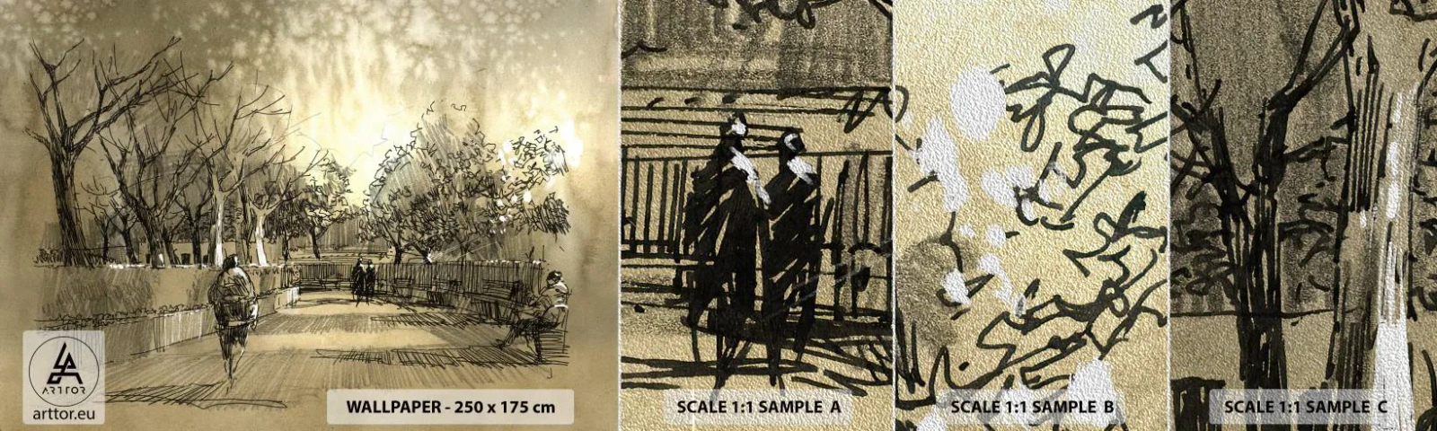 Fotobehang Monster Premium Sand - Een moment gestopt met een veer - Parksteeg, Park, Sepia - 100x30 cm