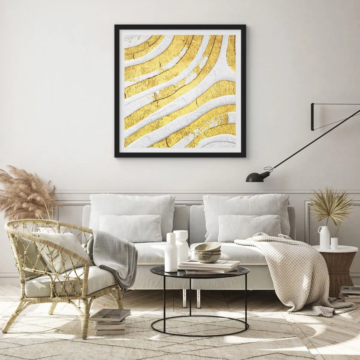 Poster in een zwarte lijst - Compositie in wit en goud - 30x30 cm
