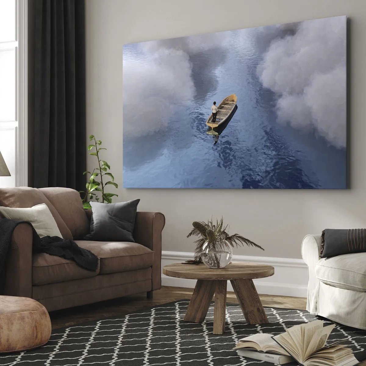 Schilderen op canvas - Een man in een boot op een kalme zee, omringd door wolken - 70x50cm - Leven – reis – onbekend - Moderne wanddecoratie voor woonkamer en slaapkamer ARTTOR