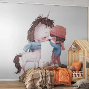 Fotobehang Standard Eco - Een winterverhaal - Voor kinderen, Eenhoorn, Meisje - 150x105 cm
