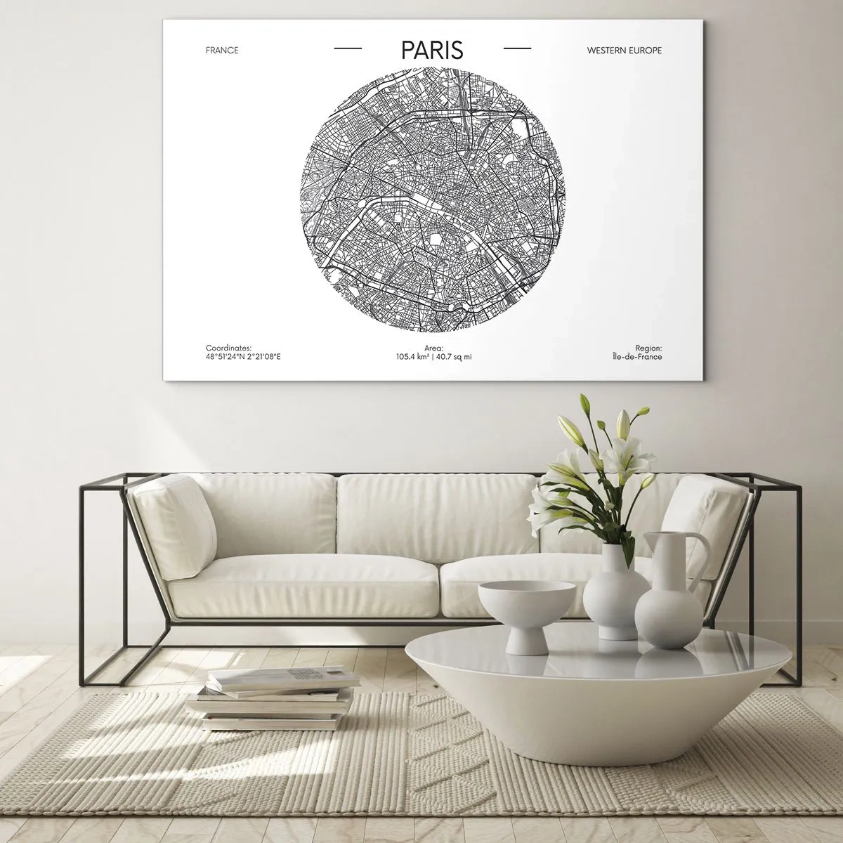Schilderen op glas - Een cirkelvormige kaart van Parijs in zwart-witillustratie - 70x50cm - Anatomie van Parijs - Moderne wanddecoratie voor woonkamer en slaapkamer ARTTOR