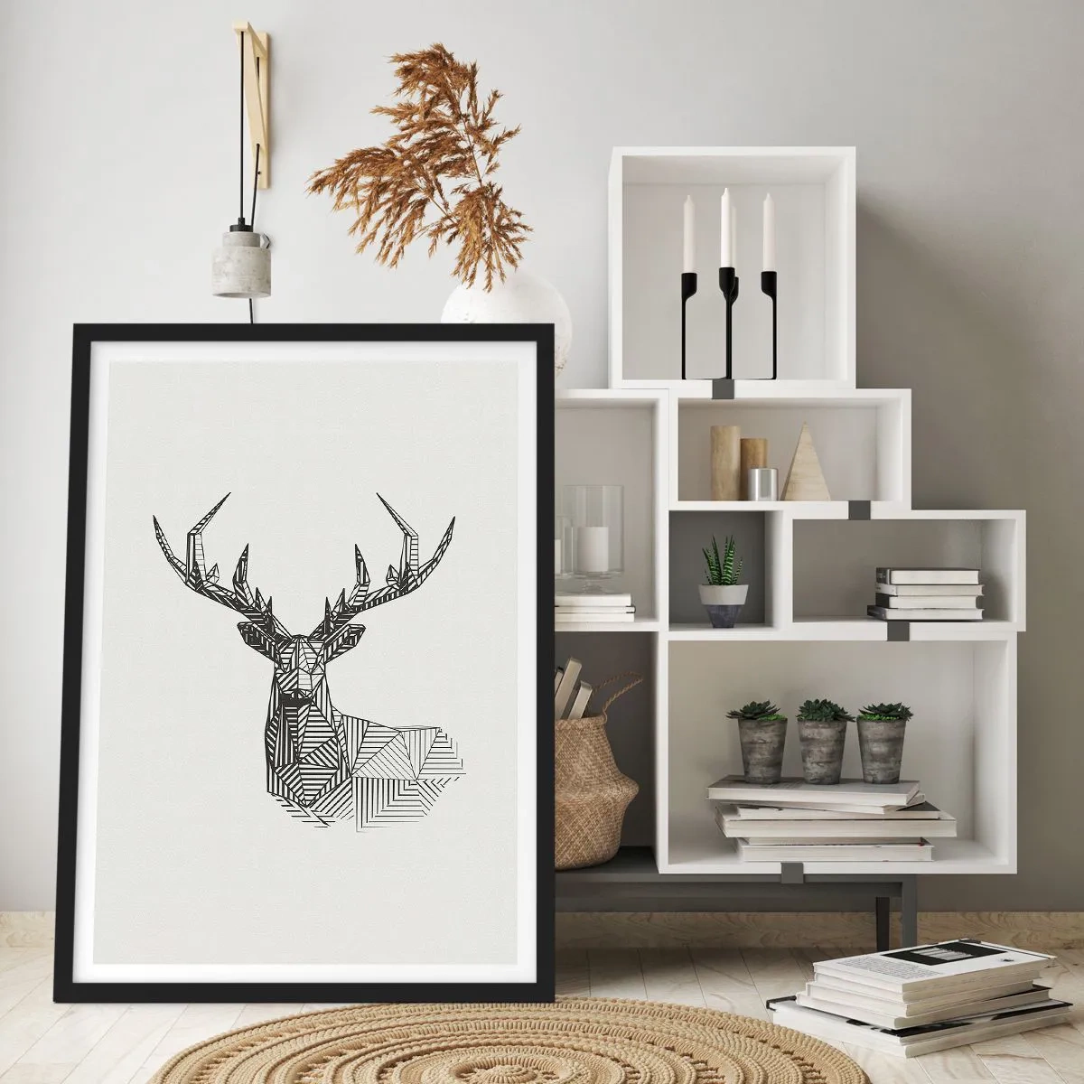 Poster in een zwarte lijst - Geometrisch silhouet van een hert in zwart-witstijl - 50x70cm - Een hert in kubistische stijl - Moderne wanddecoratie voor woonkamer en slaapkamer ARTTOR