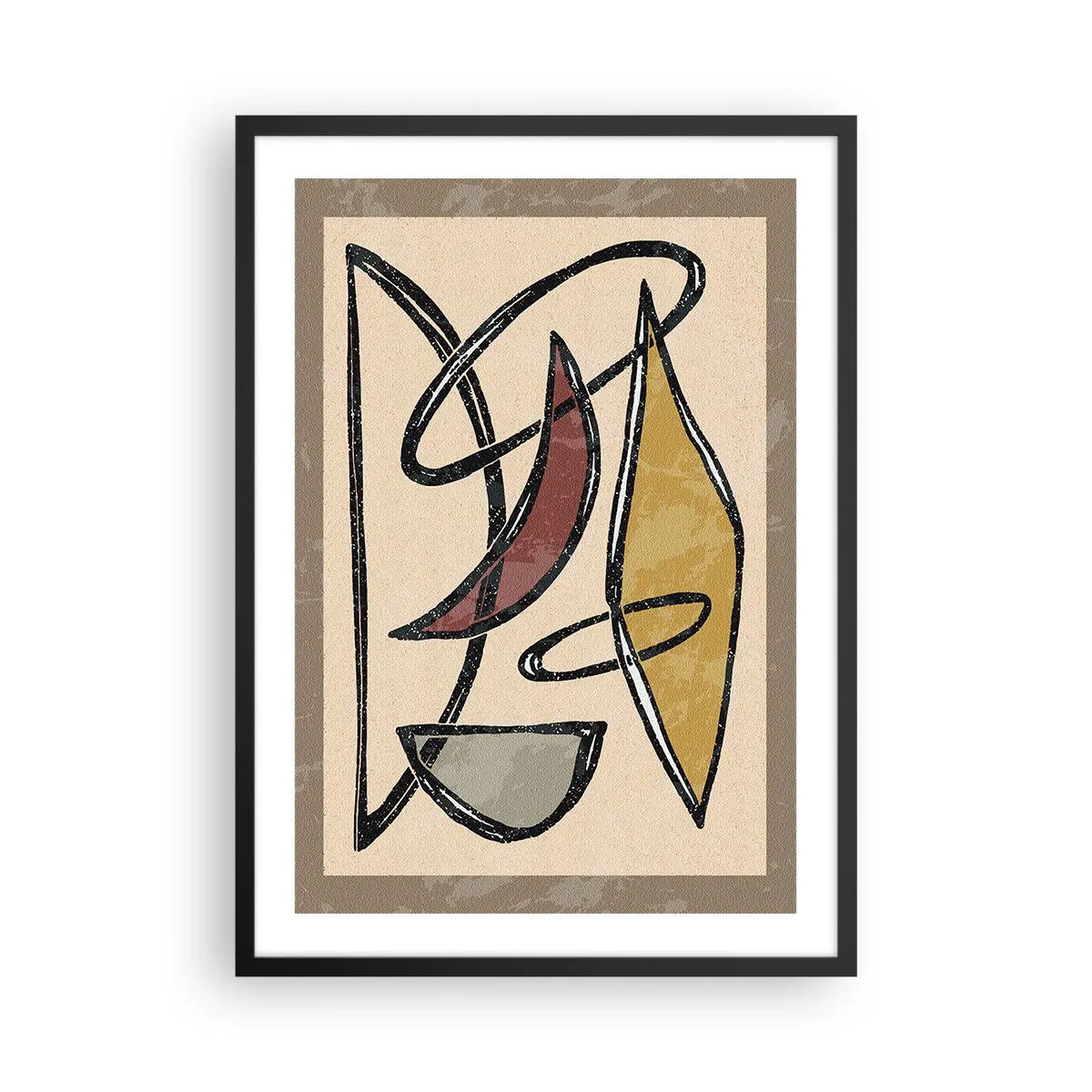 Poster in een zwarte lijst - Abstracte geometrische compositie in tinten beige en zwart - 50x70cm - Compositie – bogen en ovalen - Moderne wanddecoratie voor woonkamer en slaapkamer ARTTOR