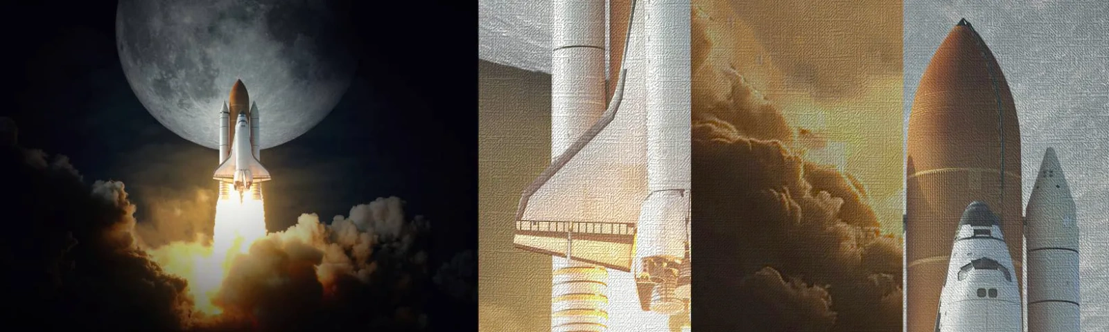 Fotobehang Monster Premium Canvas - Het begin van een onaards avontuur - Maan, Een ruimteraket, NASA - 100x30 cm