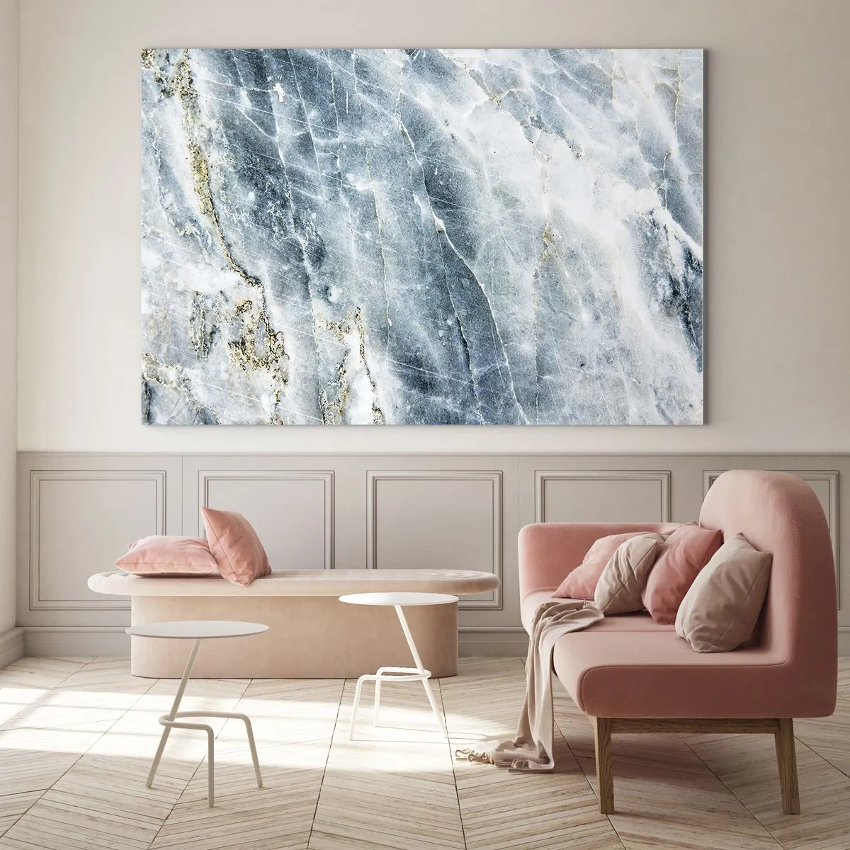 Schilderen op glas - Abstracte ijsmarmertextuur in tinten blauw en wit - 70x50cm - Ijs wereld - Moderne wanddecoratie voor woonkamer en slaapkamer ARTTOR