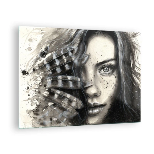Schilderen op glas - Portret van een vrouw met veren en abstracte details - 70x50cm - Wilde schoonheid - Moderne wanddecoratie voor woonkamer en slaapkamer ARTTOR
