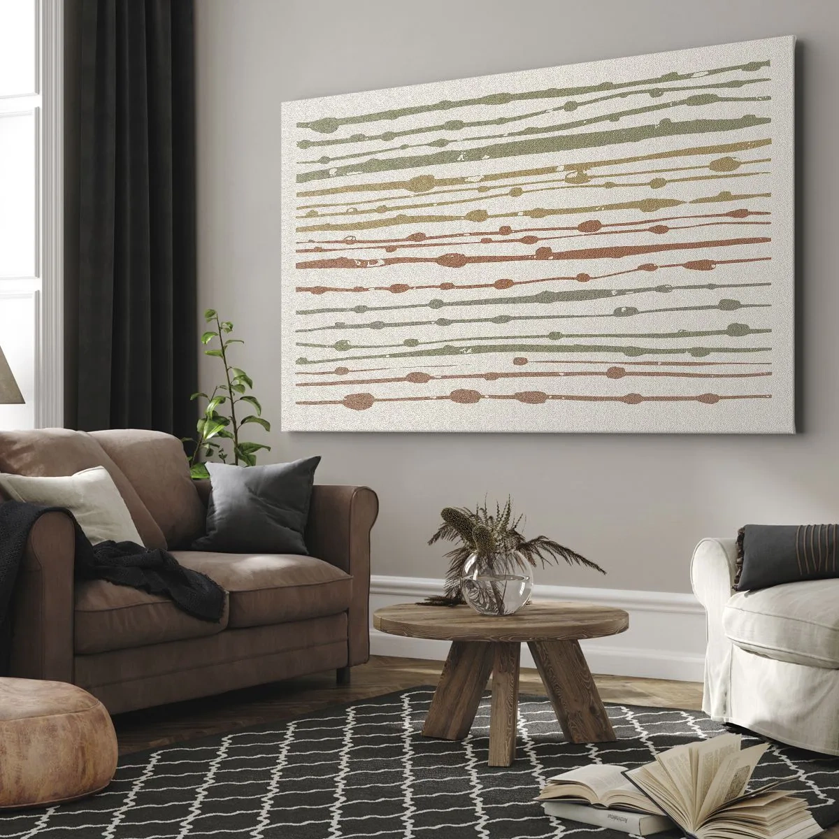 Schilderen op canvas - Een patroon van lijnen in warme tinten op een lichte achtergrond - 70x50cm - Muzieknotatie van kleuren - Moderne wanddecoratie voor woonkamer en slaapkamer ARTTOR