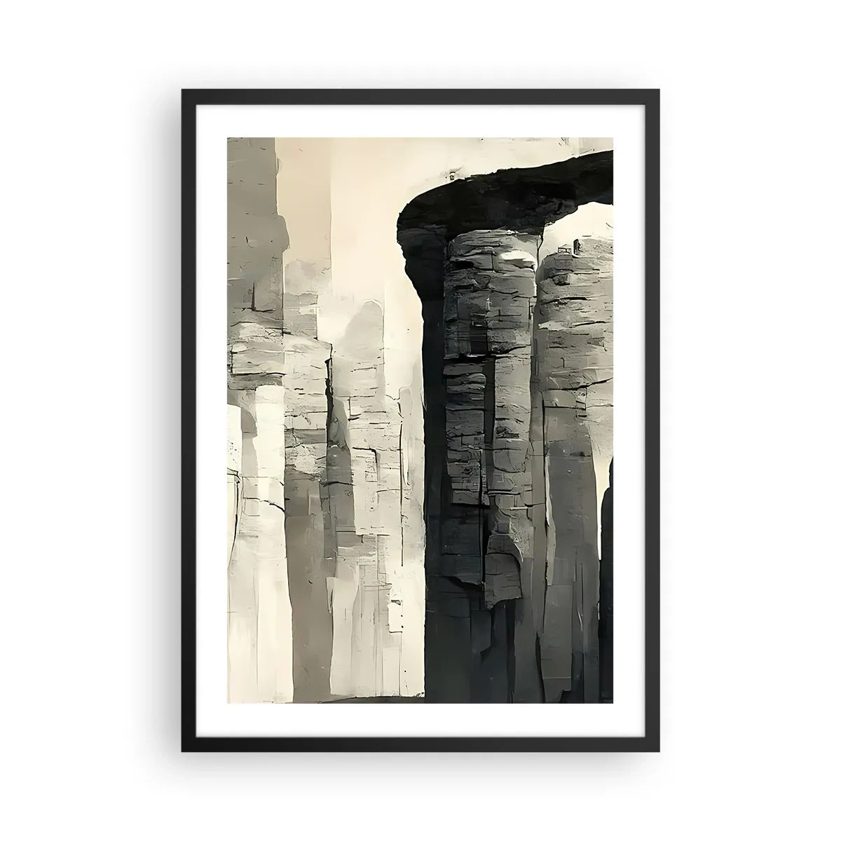 Poster in een zwarte lijst - Monumentale rotsformaties in grijstinten - 50x70cm - De majesteit van de oudheid - Moderne wanddecoratie voor woonkamer en slaapkamer ARTTOR