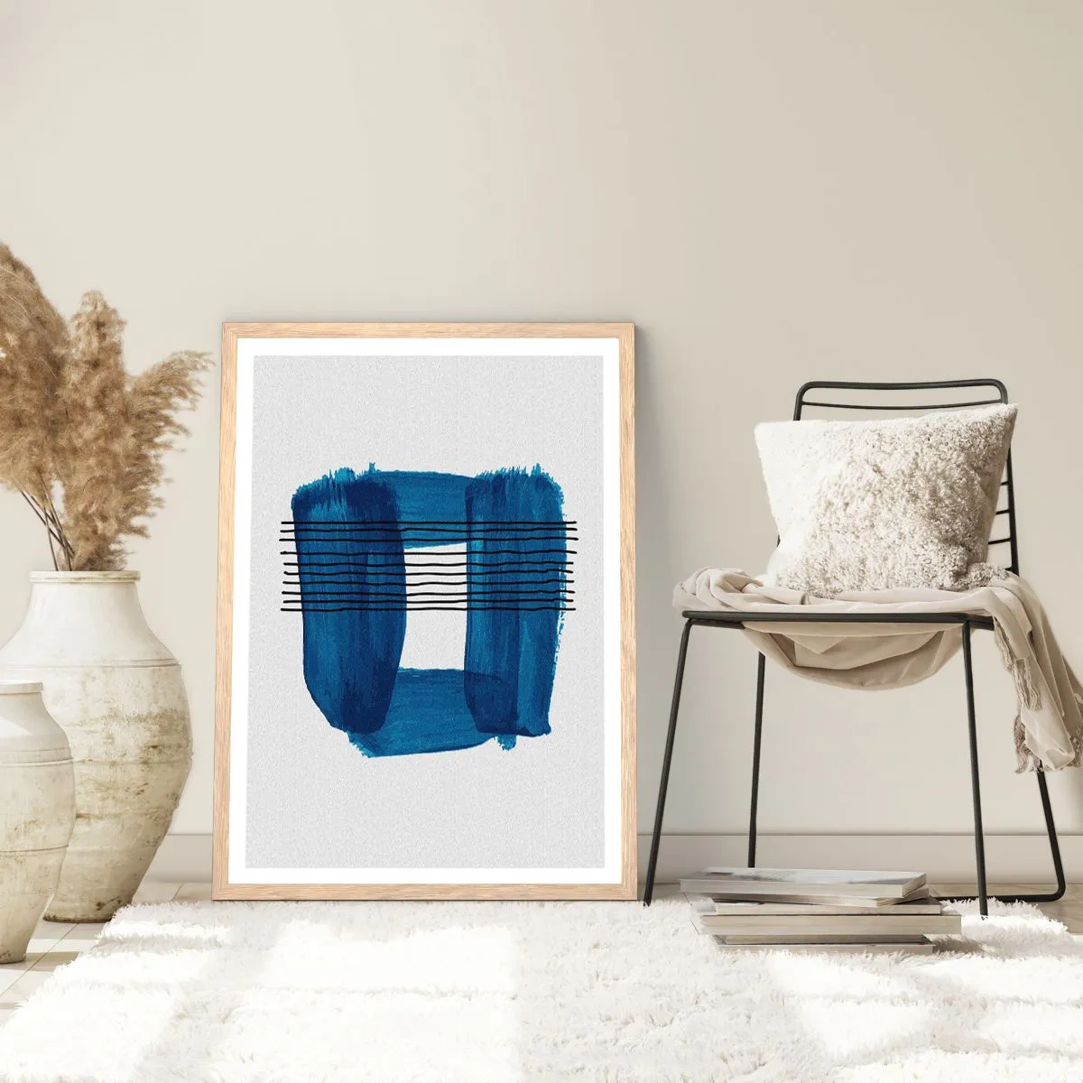 Een poster in een licht eiken lijst - Blauwe en zwarte compositie - 70x100 cm