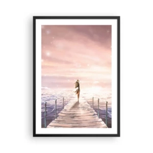 Poster in een zwarte lijst - Romantische zonsondergangpier met een vrouw in een hoed - 50x70cm - In het licht van een droom - Moderne wanddecoratie voor woonkamer en slaapkamer ARTTOR