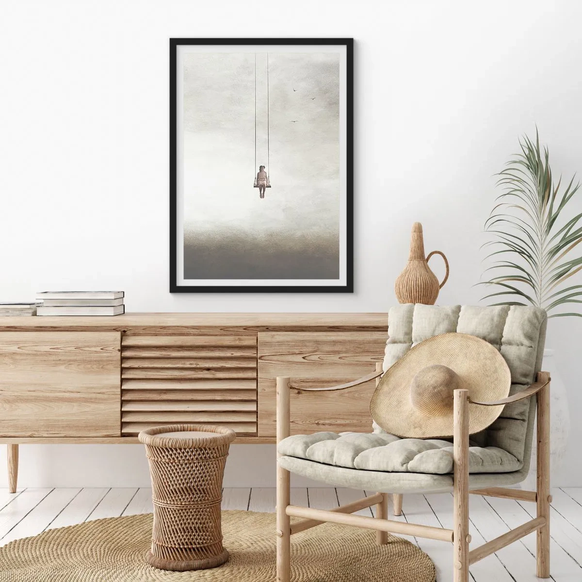 Poster in een zwarte lijst - Een figuur op een schommel die in de ruimte zweeft - 50x70cm - Een kind in ons - Moderne wanddecoratie voor woonkamer en slaapkamer ARTTOR