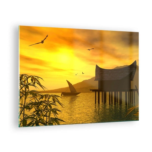 Schilderen op glas - Zonsondergang boven het meer met een huis op palen - 70x50cm - De verlangde vrede - Moderne wanddecoratie voor woonkamer en slaapkamer ARTTOR