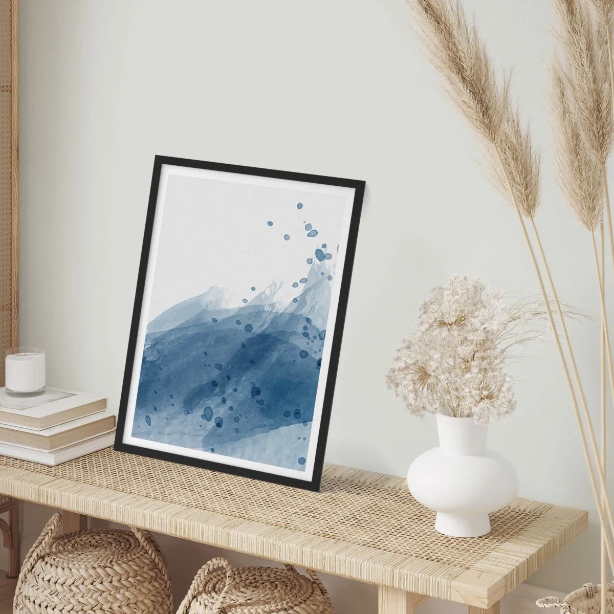 Poster in een zwarte lijst - Waterverfgolven in tinten blauw - 50x70cm - Blauwe tule - Moderne wanddecoratie voor woonkamer en slaapkamer ARTTOR