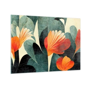 Schilderen op glas - Oranje bloemen tegen een achtergrond van donkergroene bladeren - 70x50cm - De hitte van de tropen en de koelte van het groen - Moderne wanddecoratie voor woonkamer en slaapkamer ARTTOR