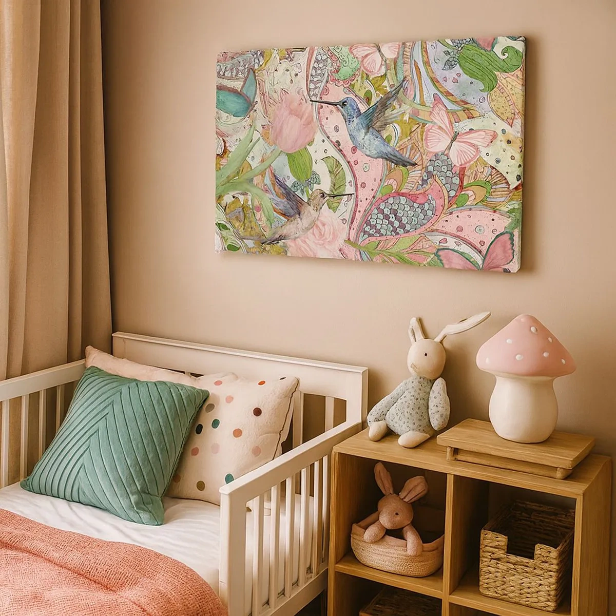 Schilderen op canvas - Kleurrijke kolibries en vlinders tussen de planten - 70x50cm - Verstrikt in wijnstokken - Moderne wanddecoratie voor woonkamer en slaapkamer ARTTOR