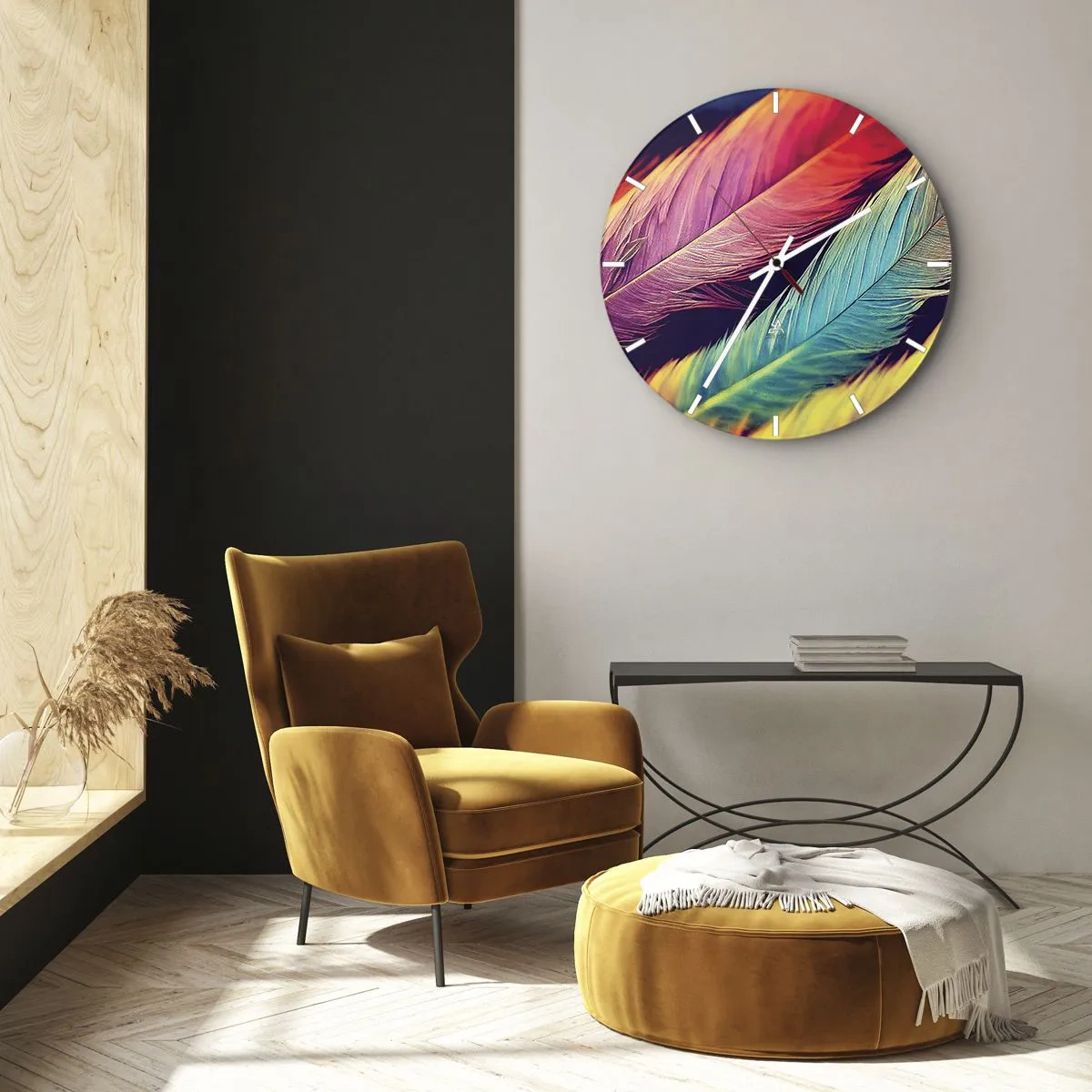 Wandklok - Klok - Kleurrijke veren in intense kleuren die een regenboog creëren - 30x30cm - Gevederde regenboog - Moderne wanddecoratie voor woonkamer, keuken en slaapkamer ARTTOR