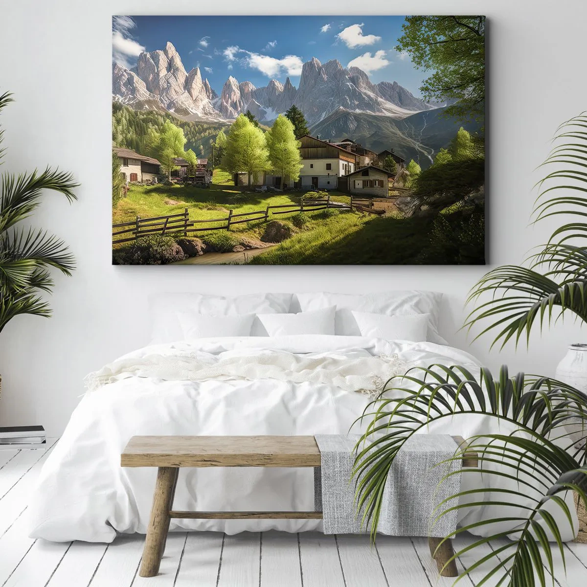 Schilderen op canvas - Een bergdorp met huizen en uitzicht op de Alpen - 70x50cm - Alpine idylle - Moderne wanddecoratie voor woonkamer en slaapkamer ARTTOR