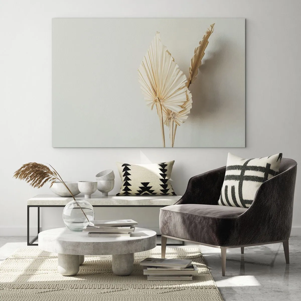 Schilderen op glas - Gedroogde palmbladeren in beige tinten op een lichte achtergrond - 70x50cm - Wanneer je verlichting nodig hebt - Moderne wanddecoratie voor woonkamer en slaapkamer ARTTOR