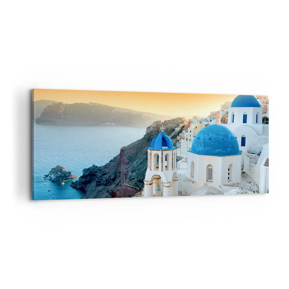 Schilderen op canvas - Santorini - genesteld tegen de rotsen - 100x40 cm