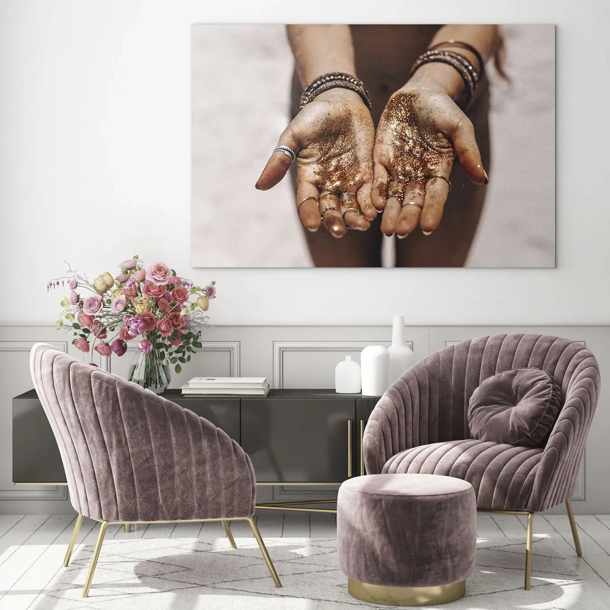 Schilderen op glas - Open handen met glitter in warm licht - 70x50cm - Een cadeau voor jou - Moderne wanddecoratie voor woonkamer en slaapkamer ARTTOR