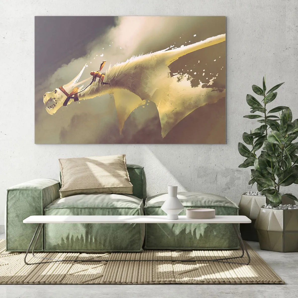Schilderen op glas - Een figuur op de rug van een witte draak in een mistig landschap - 70x50cm - De wereld te hulp - Moderne wanddecoratie voor woonkamer en slaapkamer ARTTOR