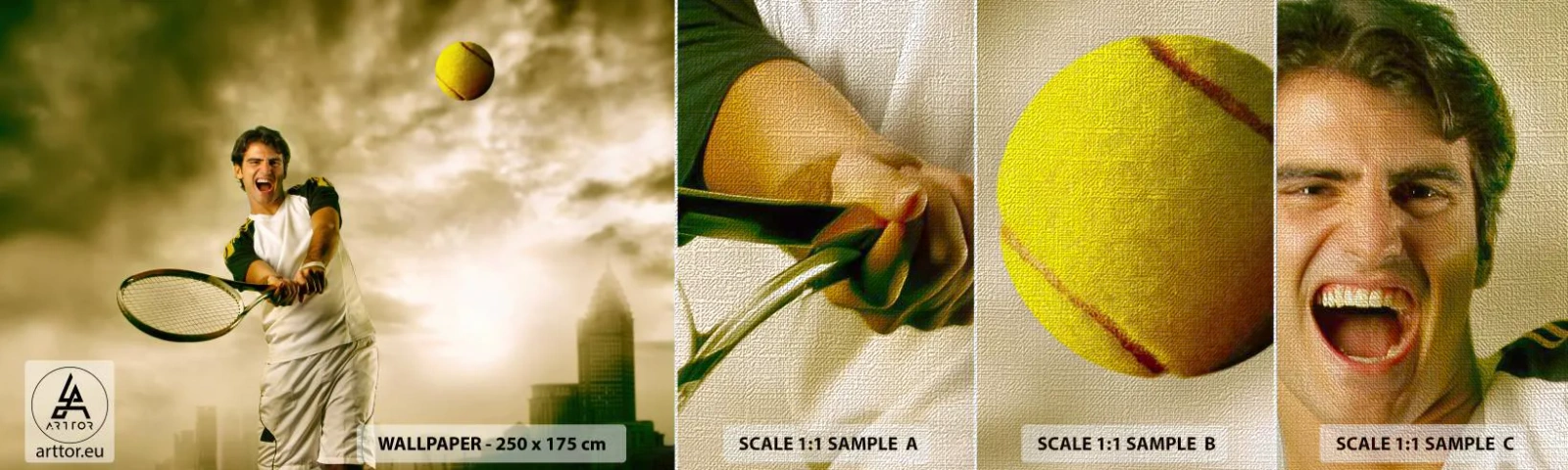 Fotobehang Monster Premium Canvas - Energie en vreugde - Sport, Tennis, Tennis speler - 100x30 cm