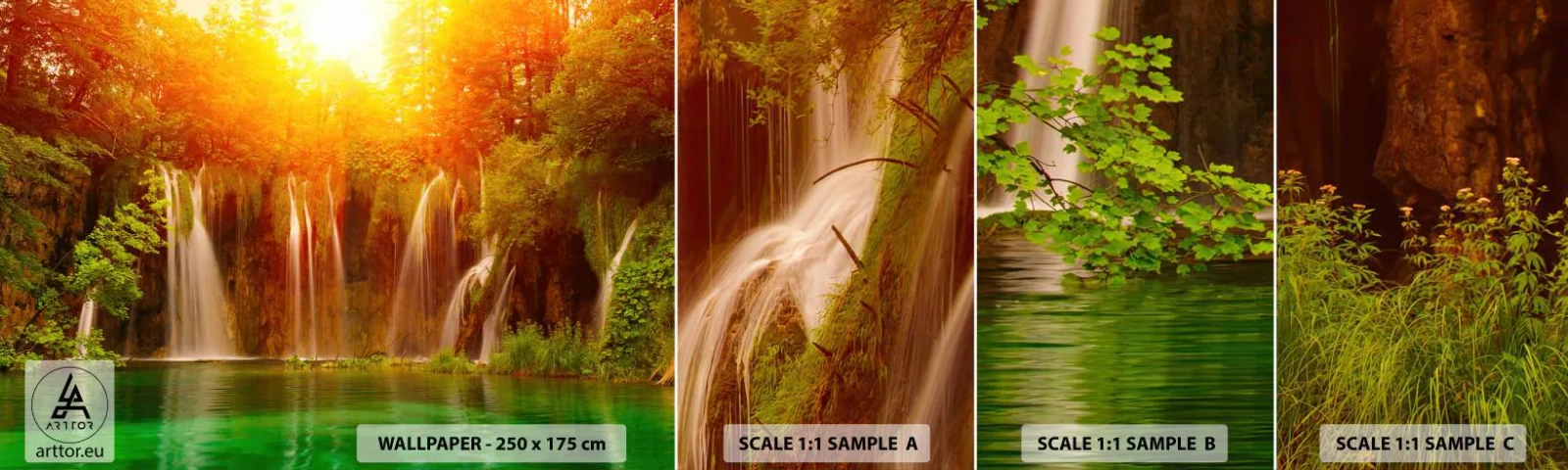 Fotobehang Staaltje Standard Eco - In de zon en in de schaduw - Landschap, Waterval, Kroatië - 100x30 cm