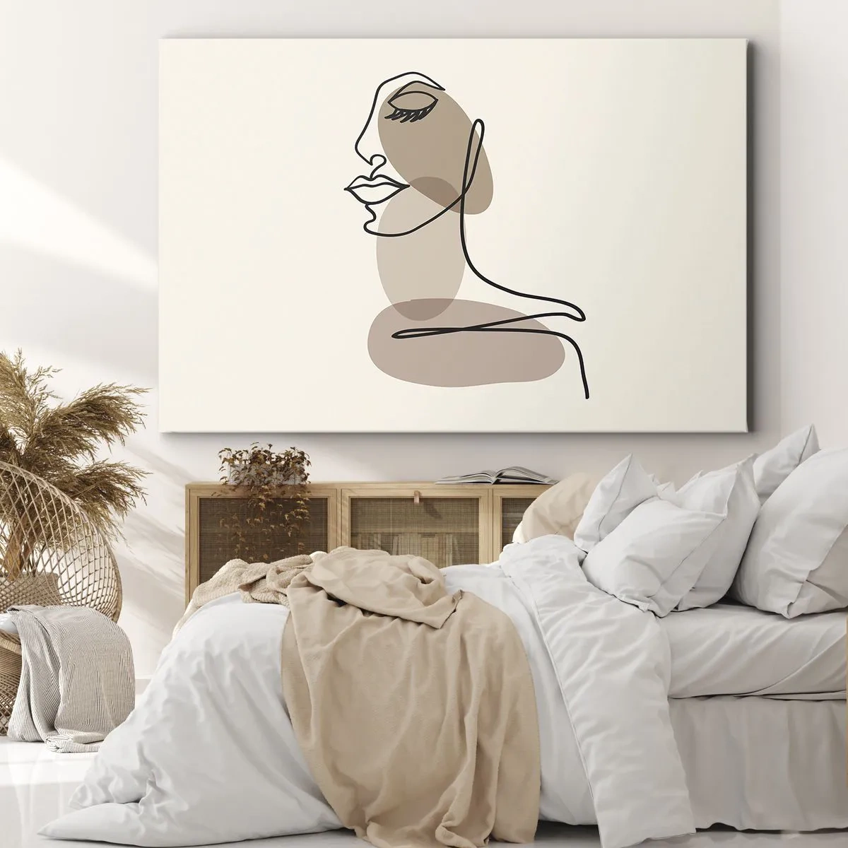 Schilderen op canvas - Minimalistisch vrouwengezicht met abstracte vlekken - 70x50cm - Luisteren naar zichzelf - Moderne wanddecoratie voor woonkamer en slaapkamer ARTTOR