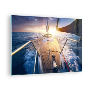 Schilderen op glas - Het dek van een zeilboot tegen de achtergrond van de ondergaande zon en de zeegolven - 70x50cm - Lopend op de golven - Moderne wanddecoratie voor woonkamer en slaapkamer ARTTOR