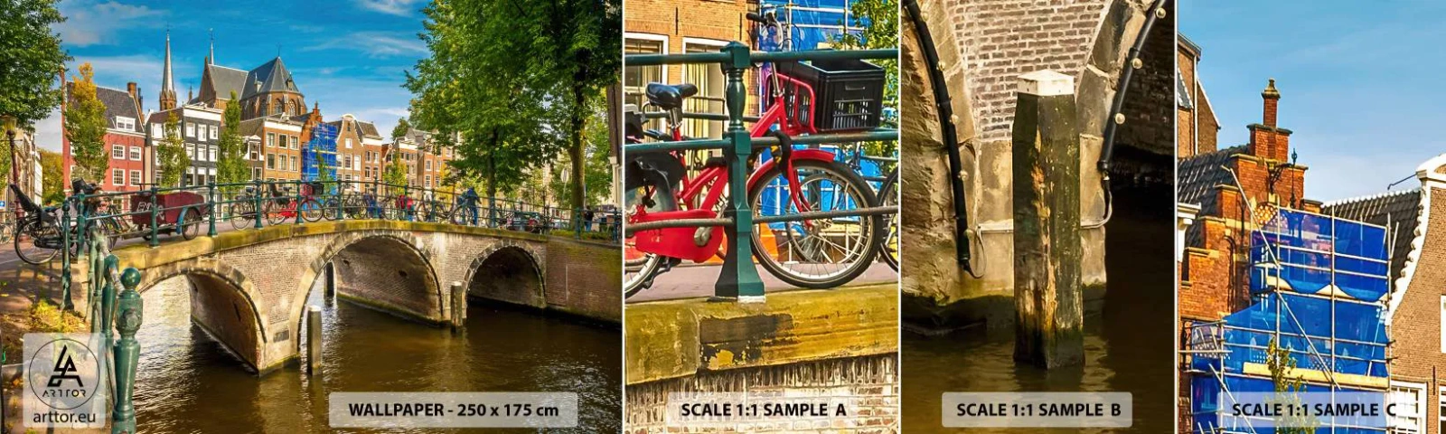 Fotobehang Monster Zelfklevend Deluxe Sticker - Lente aan de gracht - Stad, Amsterdam, Architectuur - 100x30 cm