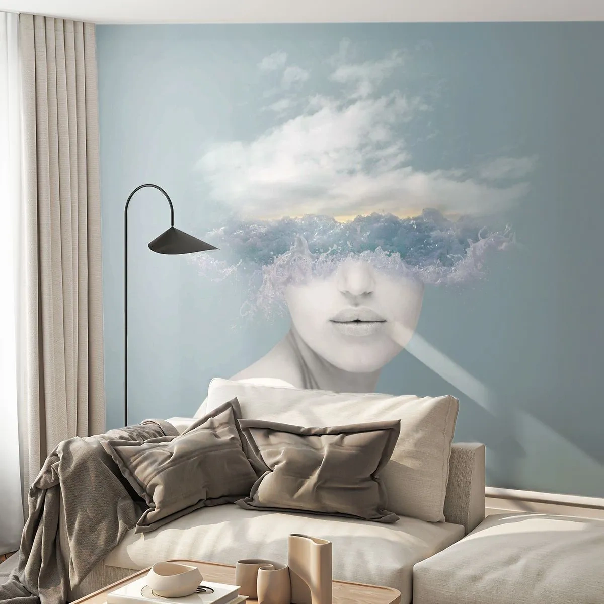 Fotobehang Premium Canvas - Met hoofd in de wolken - Helder, Portret, Wolken - 150x105 cm