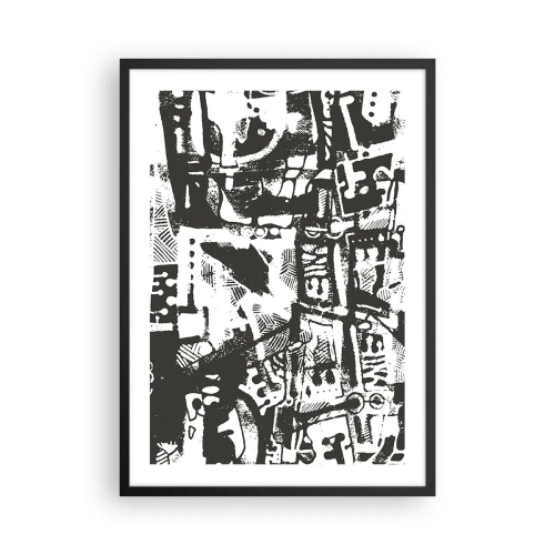 Poster in een zwarte lijst - Zwart-wit abstracte afbeelding met geometrische vormen - 50x70cm - Orde of chaos? - Moderne wanddecoratie voor woonkamer en slaapkamer ARTTOR