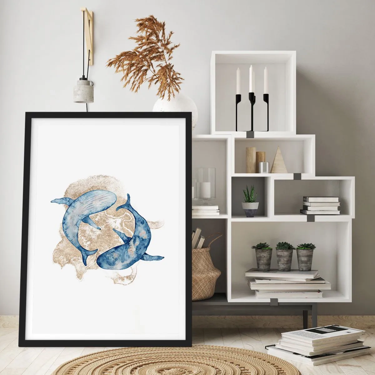 Poster in een zwarte lijst - Een abstract schilderij van twee vinvissen - 50x70cm - Vriendschap of liefde? - Moderne wanddecoratie voor woonkamer en slaapkamer ARTTOR