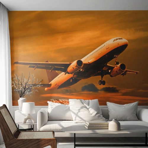 Zelfklevend Fotobehang Deluxe Sticker - Vlucht naar de zon - Vliegtuig, Reis, Zonsondergang - 400x280 cm