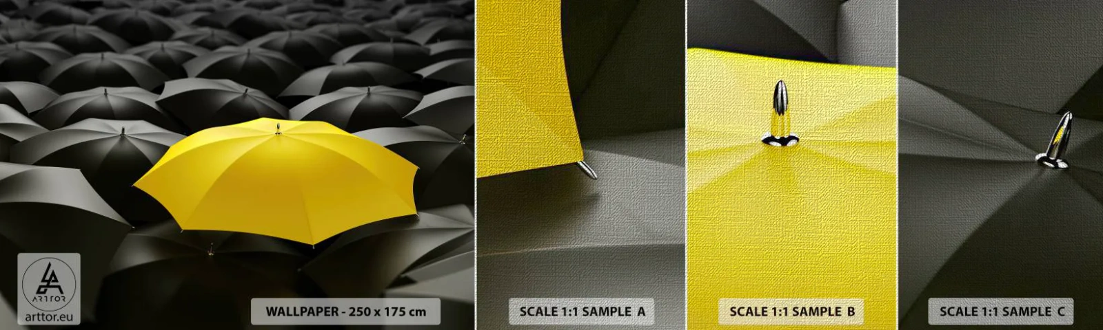 Fotobehang Monster Premium Canvas - Vaarwel verdriet - Gele paraplu's, Grafisch, Concept - 100x30 cm