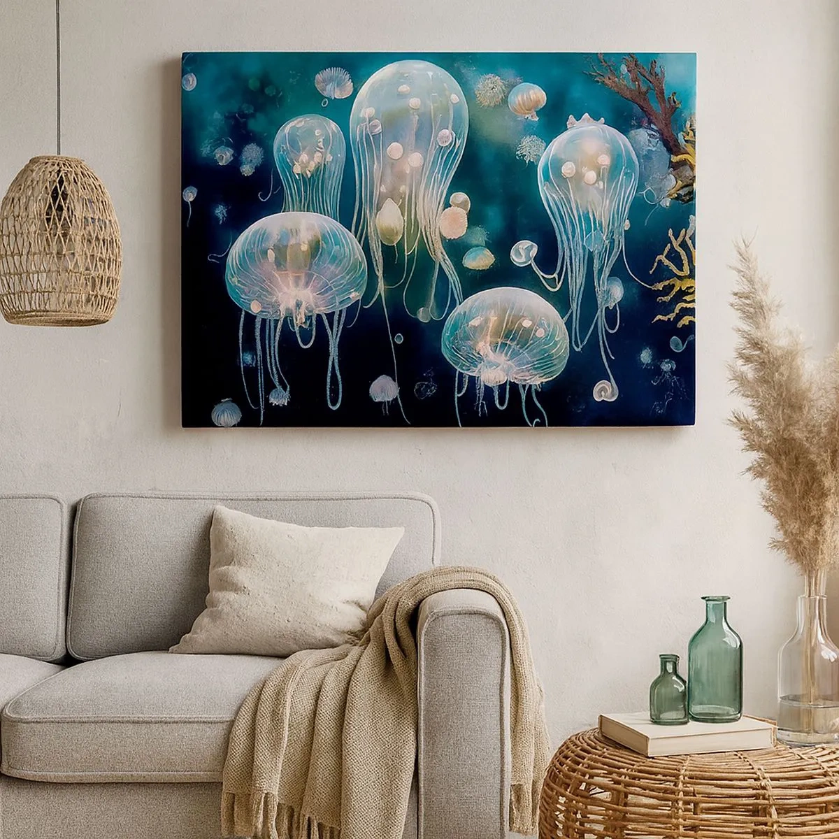 Schilderen op canvas - Delicate kwallen in de onderwaterwereld - 70x50cm - Ondferwaterbal - Moderne wanddecoratie voor woonkamer en slaapkamer ARTTOR
