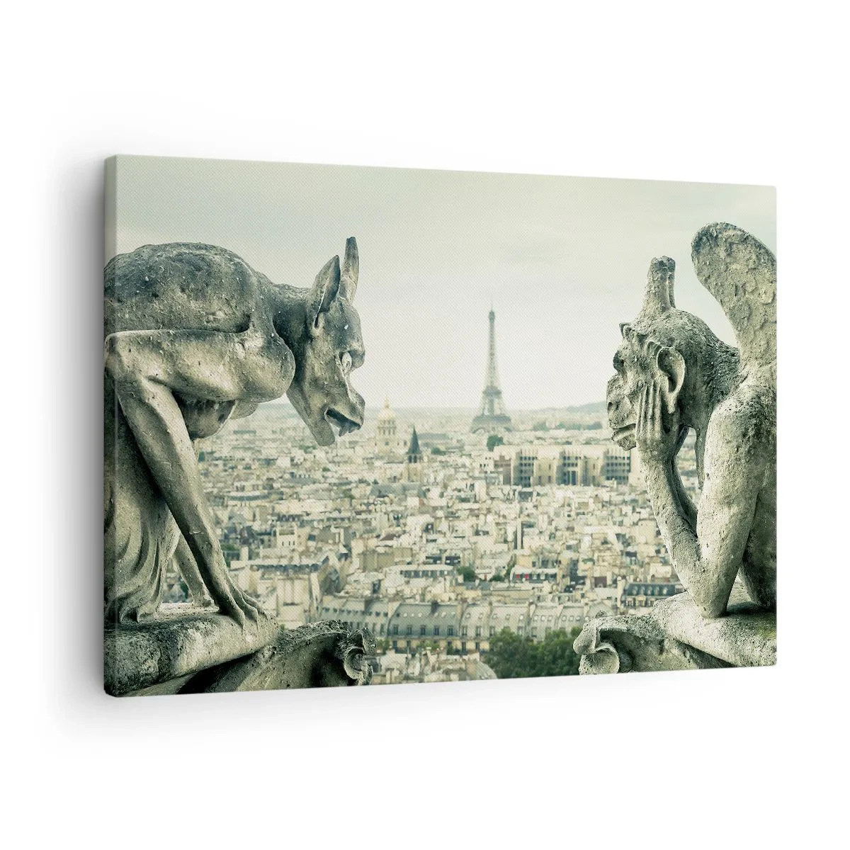 Schilderen op canvas - Waterspuwers met uitzicht op de skyline van Parijs en de Eiffeltoren - 70x50cm - Parijs' babbelen - Moderne wanddecoratie voor woonkamer en slaapkamer ARTTOR