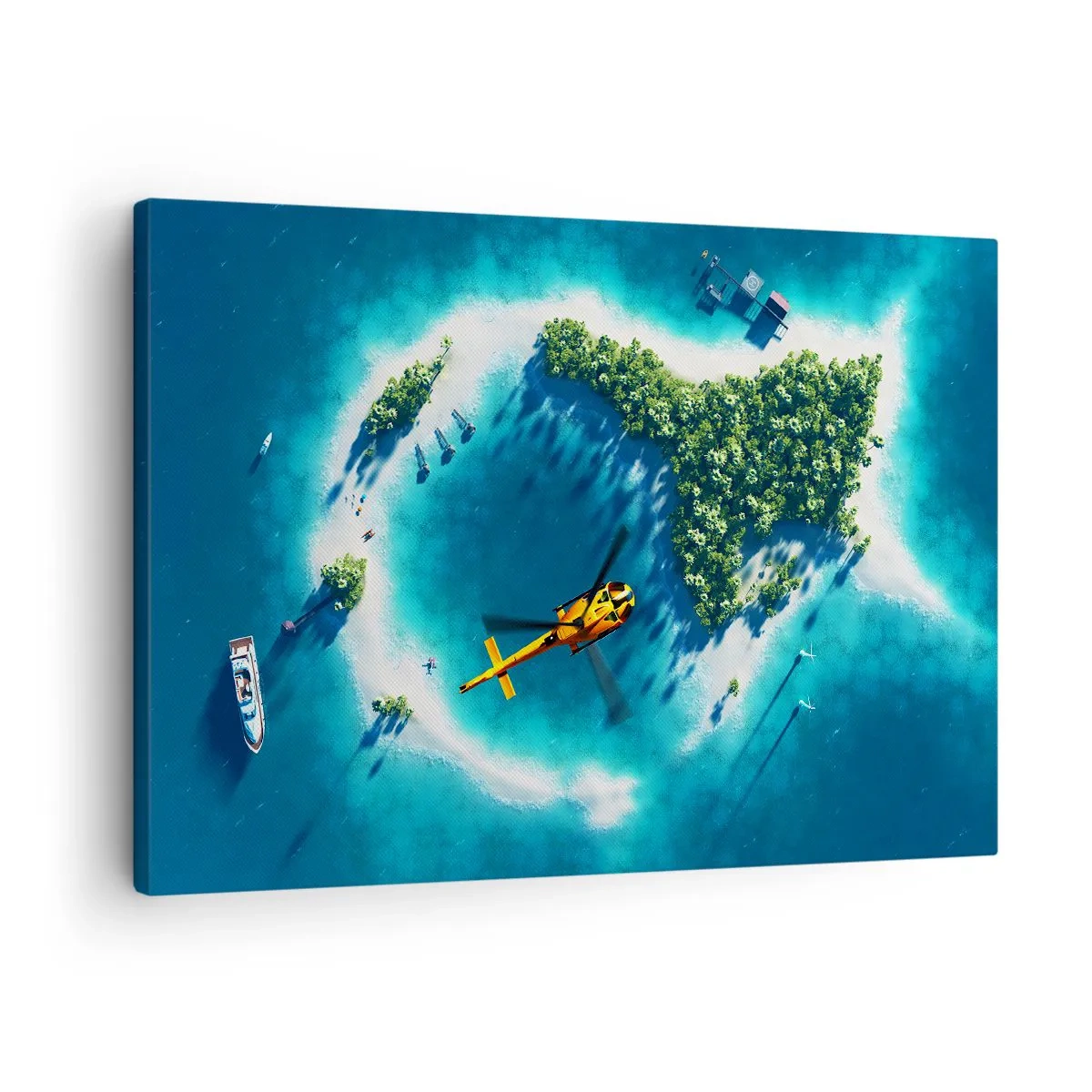 Schilderen op canvas - Een tropisch eiland omgeven door turquoise water met een helikopter in zicht - 70x50cm - Koop een eiland voor jezelf - Moderne wanddecoratie voor woonkamer en slaapkamer ARTTOR