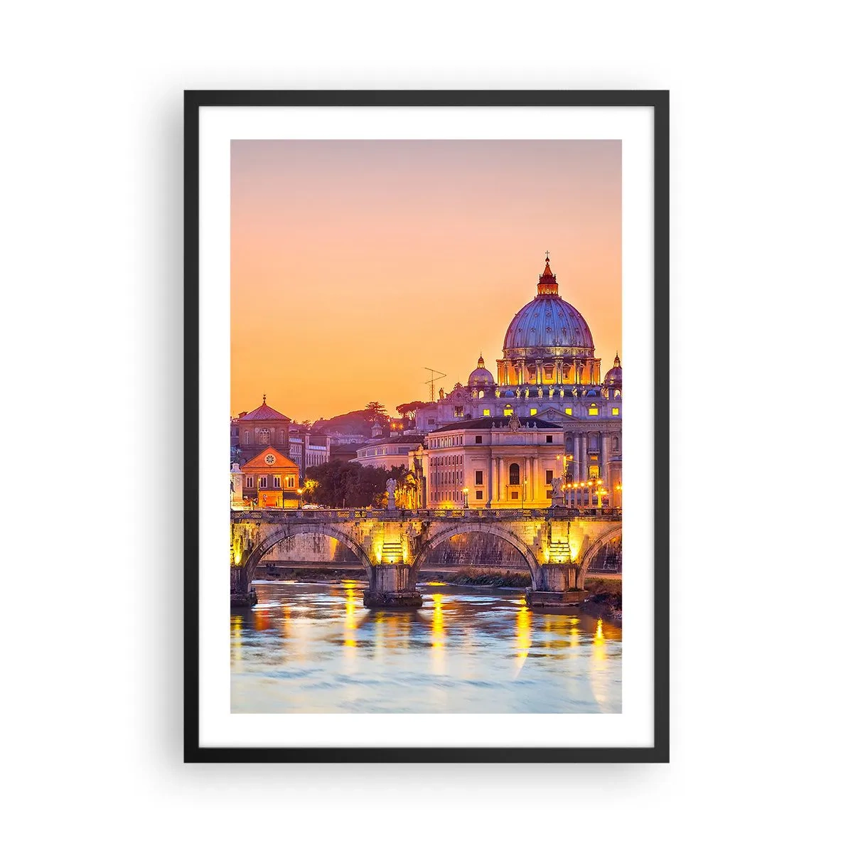 Poster in een zwarte lijst - Zonsondergang over de brug en basiliek met lichtjes in Rome - 50x70cm - Zonsondergang boven de Eeuwige Stad - Moderne wanddecoratie voor woonkamer en slaapkamer ARTTOR