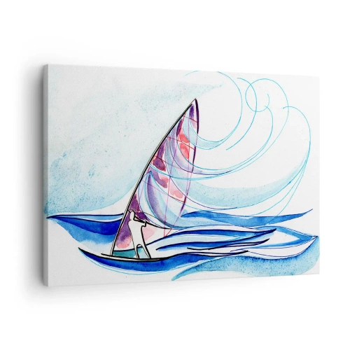 Schilderen op canvas - Een surfer die op de golven rijdt in een abstracte aquarelcompositie - 70x50cm - Met de wind op het ritme van de golven - Moderne wanddecoratie voor woonkamer en slaapkamer ARTTOR