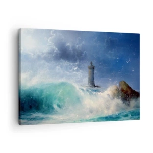 Schilderen op canvas - Een vuurtoren omgeven door ruwe golven en wolken - 70x50cm - Op uw hoede voor de elementen - Moderne wanddecoratie voor woonkamer en slaapkamer ARTTOR