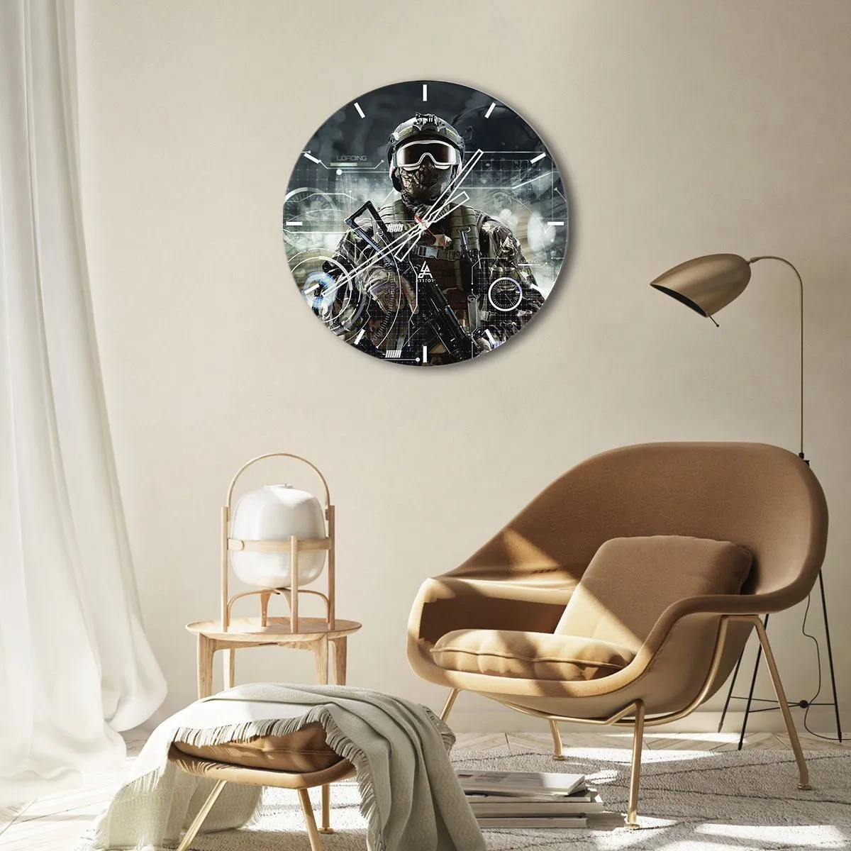 Wandklok - Klok - De figuur van een soldaat in moderne uitrusting tegen de achtergrond van technologische afbeeldingen - 30x30cm - Macht tot een macht verheven - Moderne wanddecoratie voor woonkamer, keuken en slaapkamer ARTTOR