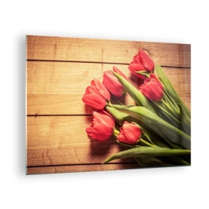 Schilderen op glas - Rode tulpen op een houten plank - 70x50cm - Lente bekentenis - Moderne wanddecoratie voor woonkamer en slaapkamer ARTTOR