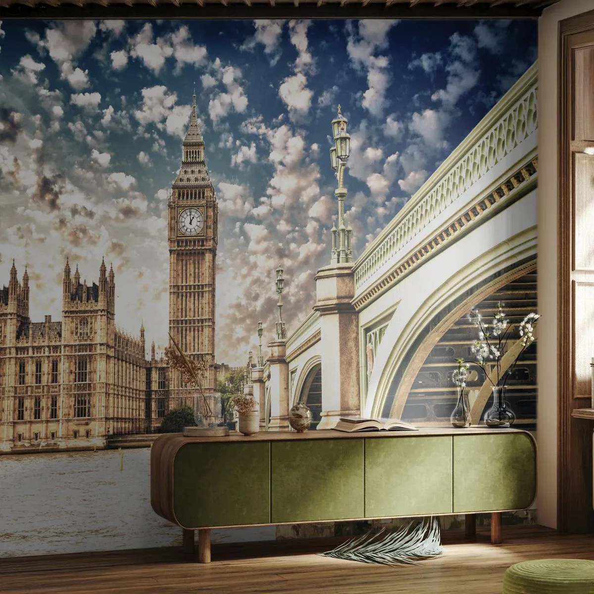 Fotobehang Premium Sand - Luchtige wolken boven de Theems - Stad, Londen, Engeland - 100x70 cm